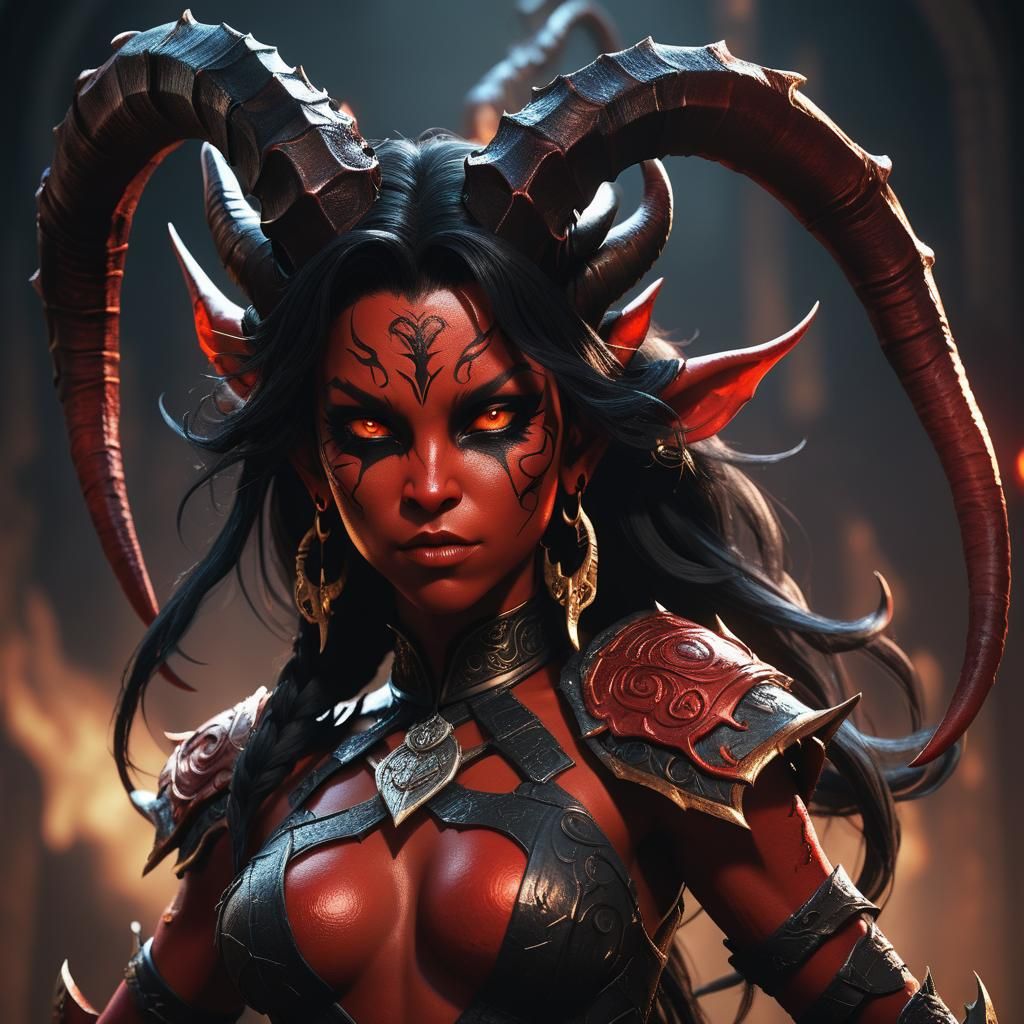 Powerful Tiefling Female in 3D Video Game Style
