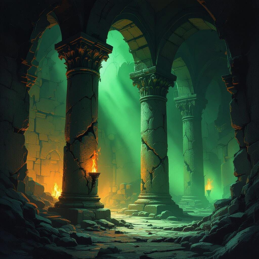 Dungeon Pillars in Eerie Green Light and Torch Glow