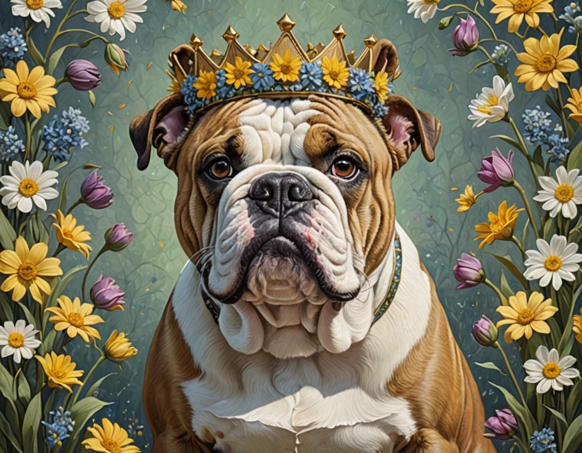Bulldog with Flower Crown in Art Nouveau Style