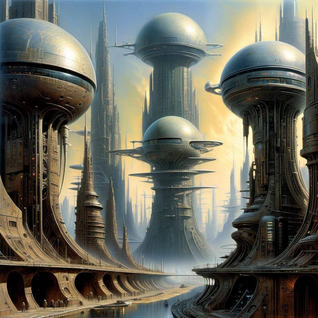 Surreal Science Fiction Cityscape in Vibrant Acrylic Colors