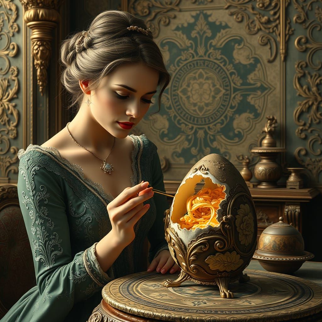 Woman Watching Mouse Sculpting Egg in Photorealistic Style