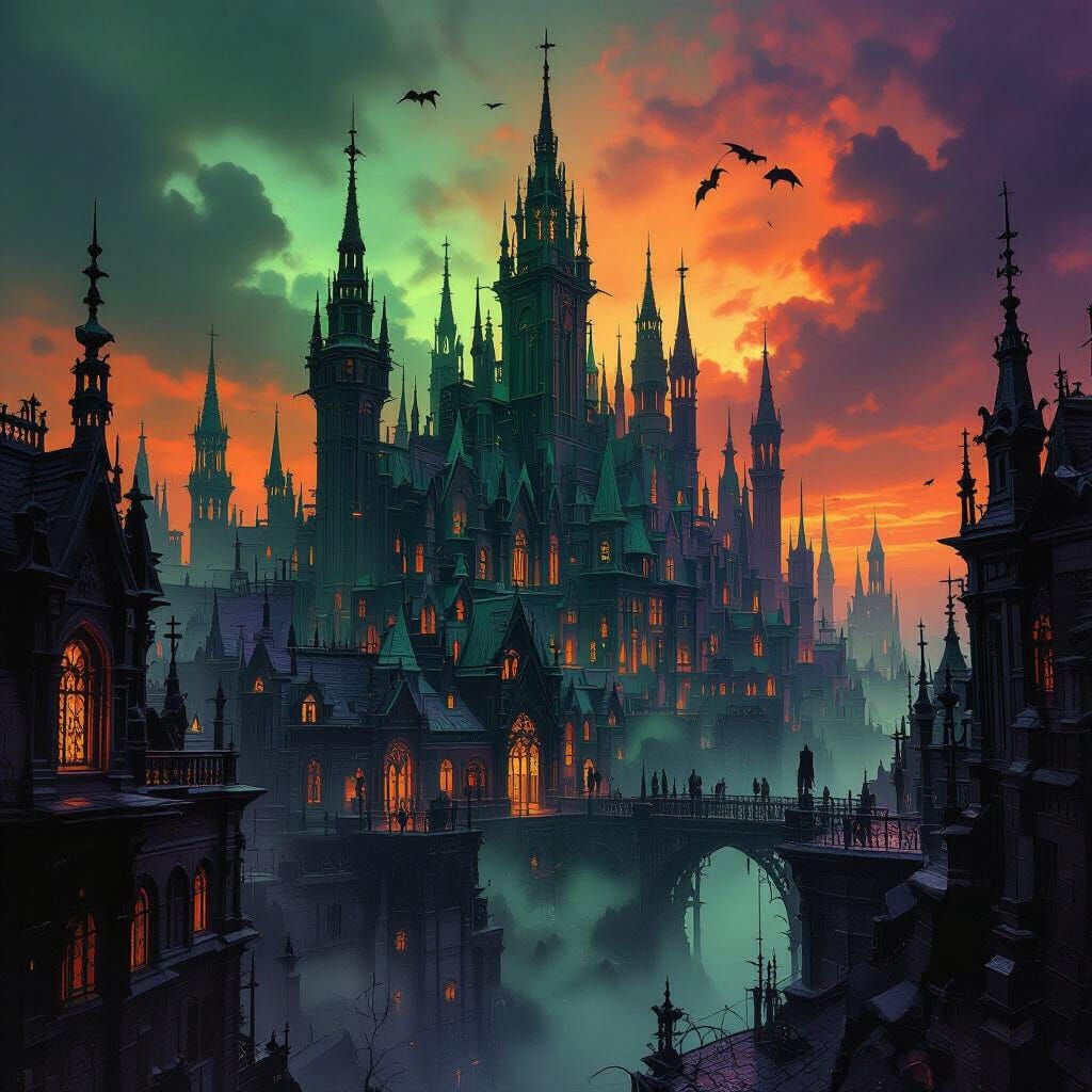 Surreal Gothic Cityscape in Black, Green, Purple, and Orange