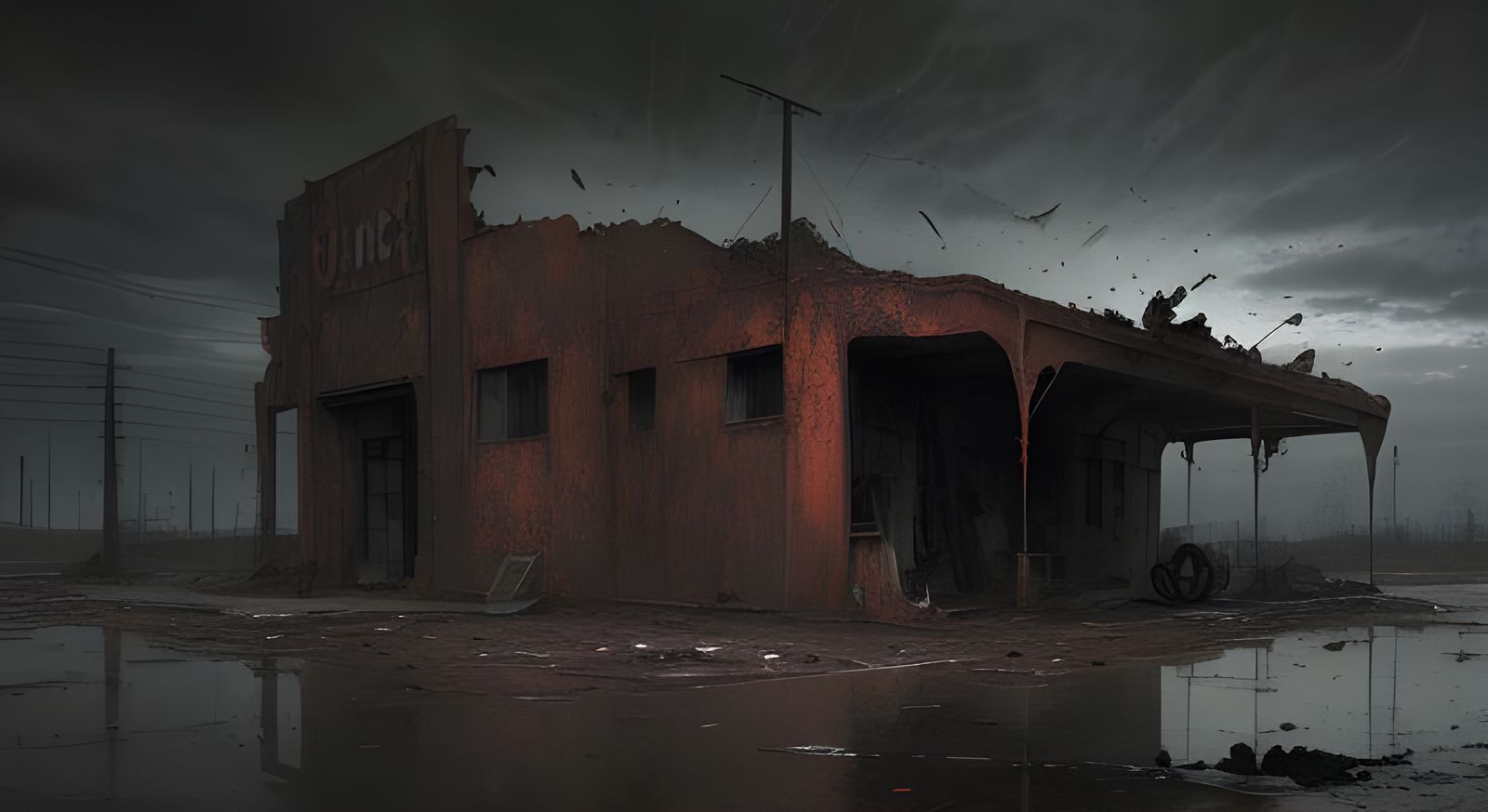 Abandoned Gas Station in Horror Style