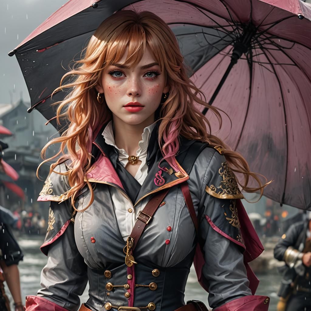 Anime Pirate Woman with Red Umbrella, Detailed Digital Art