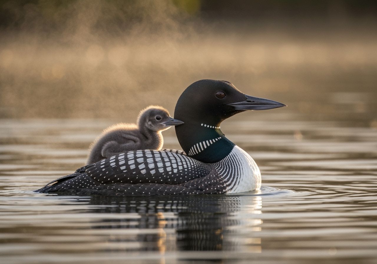 Close-Up Portrait of Common Loon with Chick in Golden Hour L...