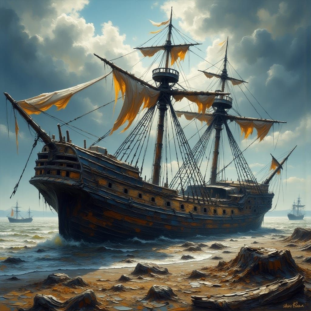 Abandoned Sailing Vessel on Windswept Beach in Cyberpunk Sty...