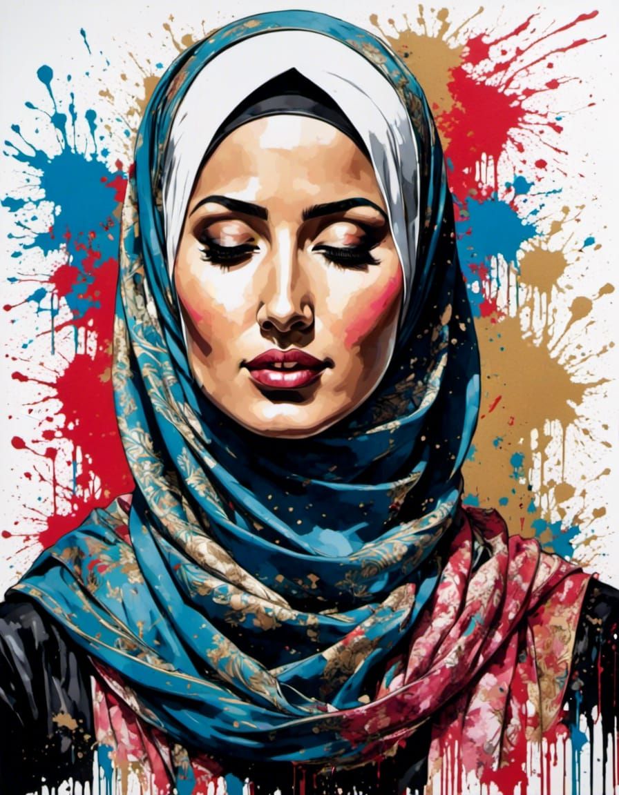 Modern Hijabi Portrait with Ink Splatter Effects