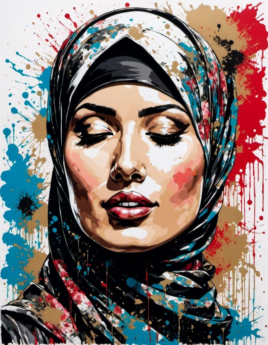 Curvy Hijabi Portrait with Ink Splatter, Fayum Art