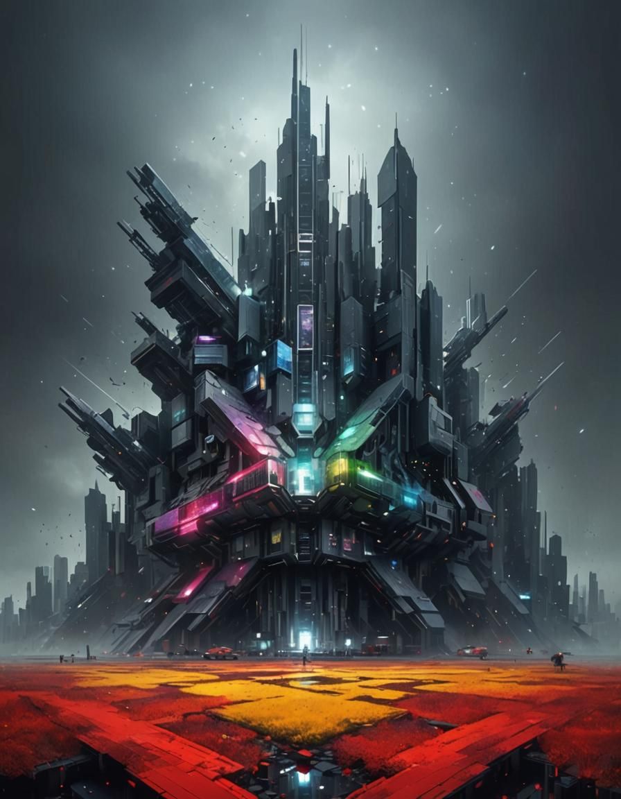 Pixelated Neofuturistic Architecture in Surreal Landscape