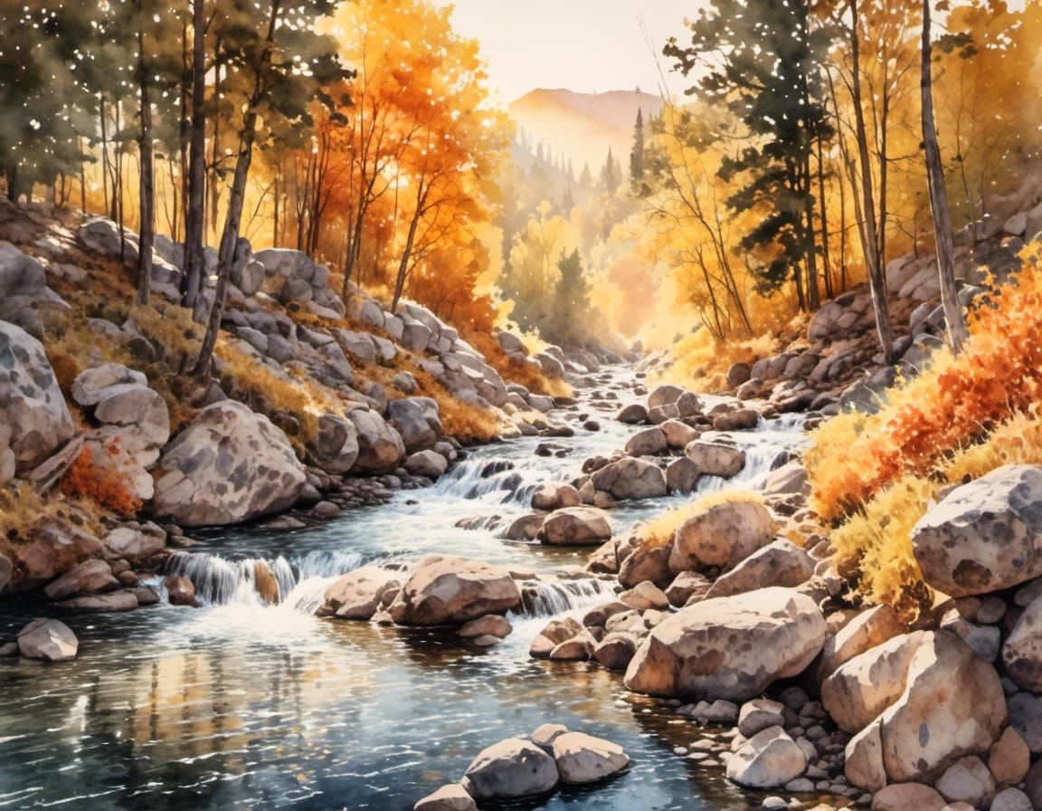 Autumn Mountain Stream: Golden Hour Watercolor