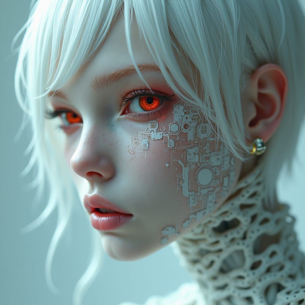 Hyperrealistic Albino Cyborg with Intricate Tattoo