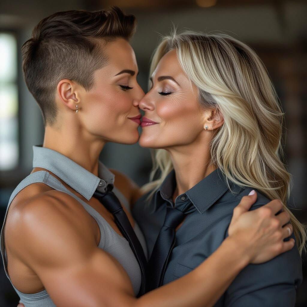 Muscular Woman Embraces and Kisses Slim Woman in Studio Port...