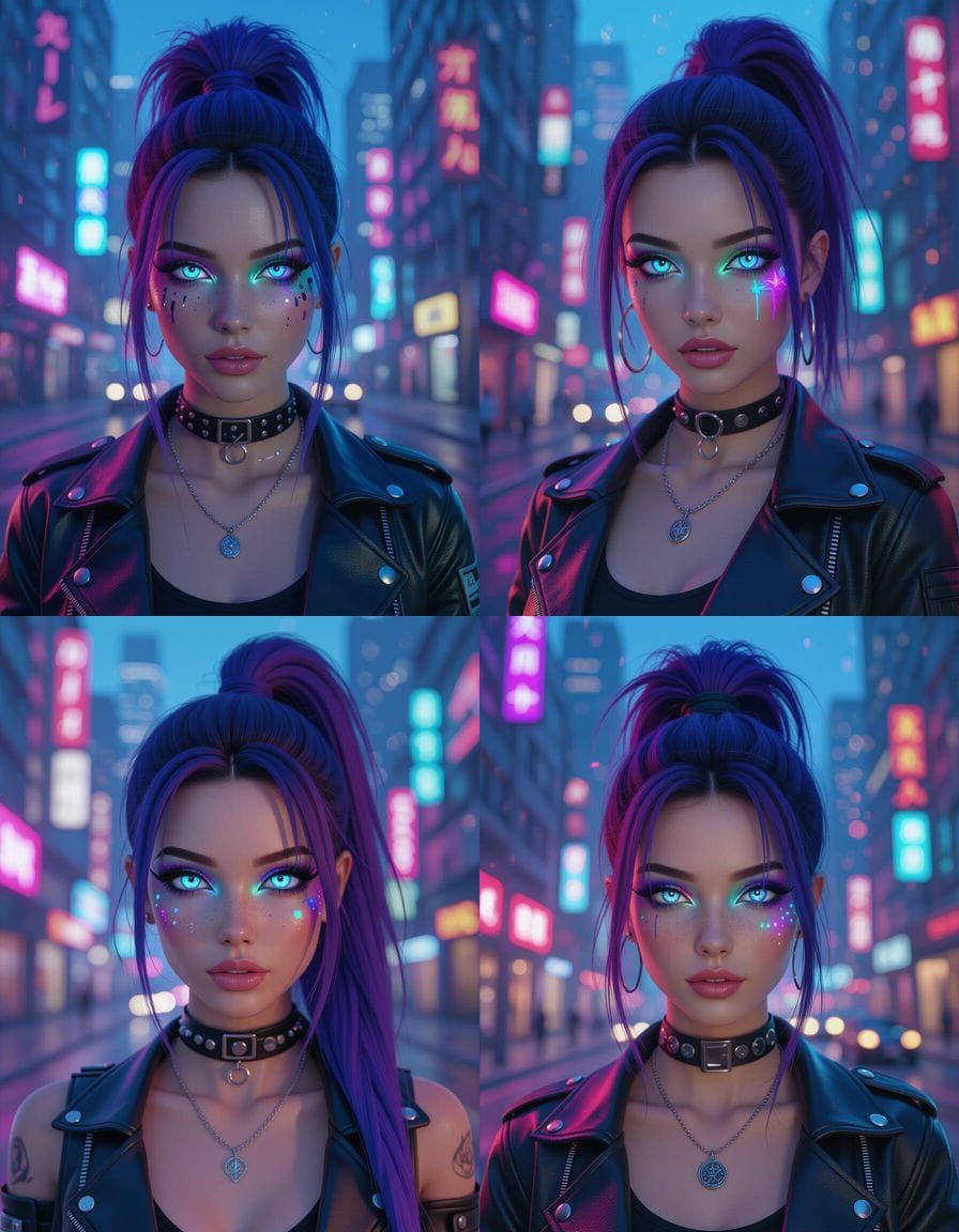 Emo Cyberpunk Character with Glowing Eyes in Neon City