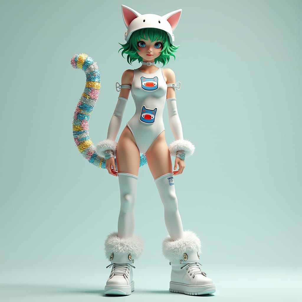 Feline Fashion: Woman in Cat Suit, Matte Painting Style