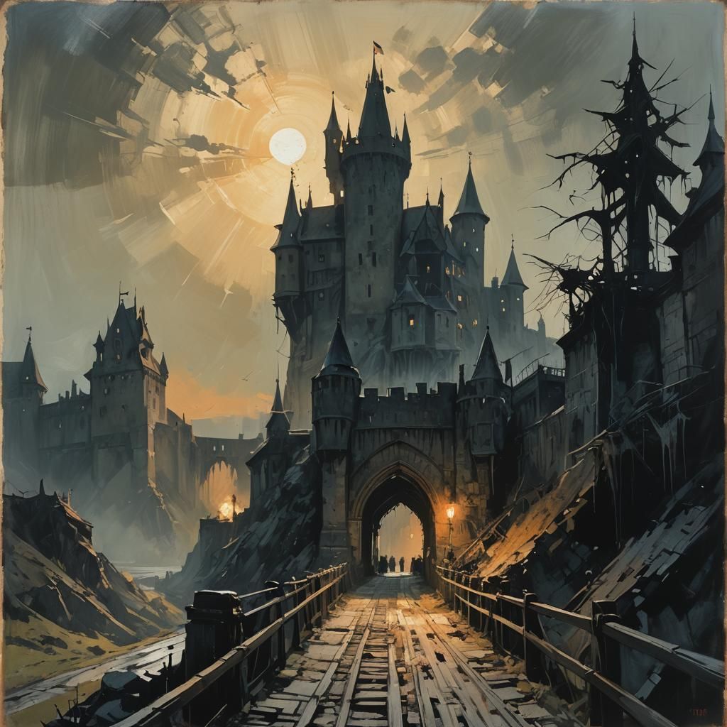 Dracula's Castle at Dawn in Loose Painterly Style