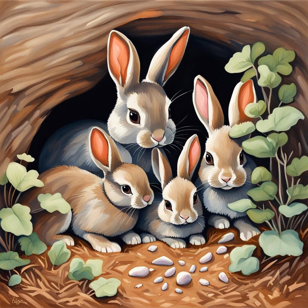 Underground Bunny Den: A Gouache Painting