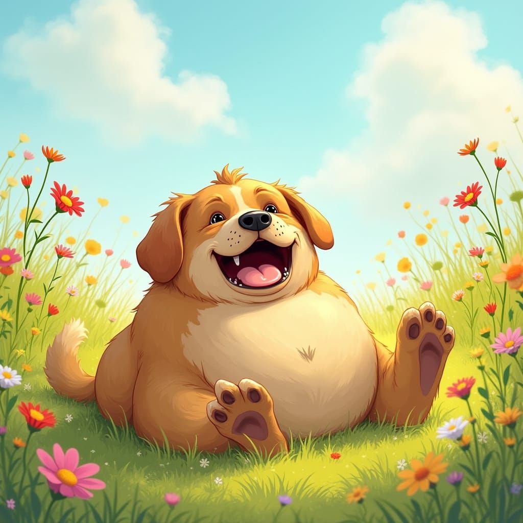 Chubby Dog Lounges in Whimsical Meadow
