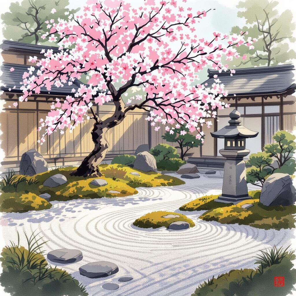 Zen Garden in Sumi-e Style with Cherry Blossoms