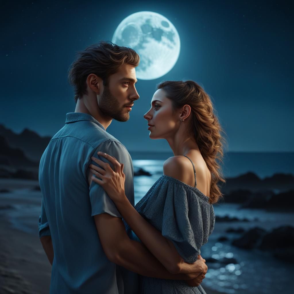 Loving Couple Portrait in Moonlight, Hyperrealistic Art