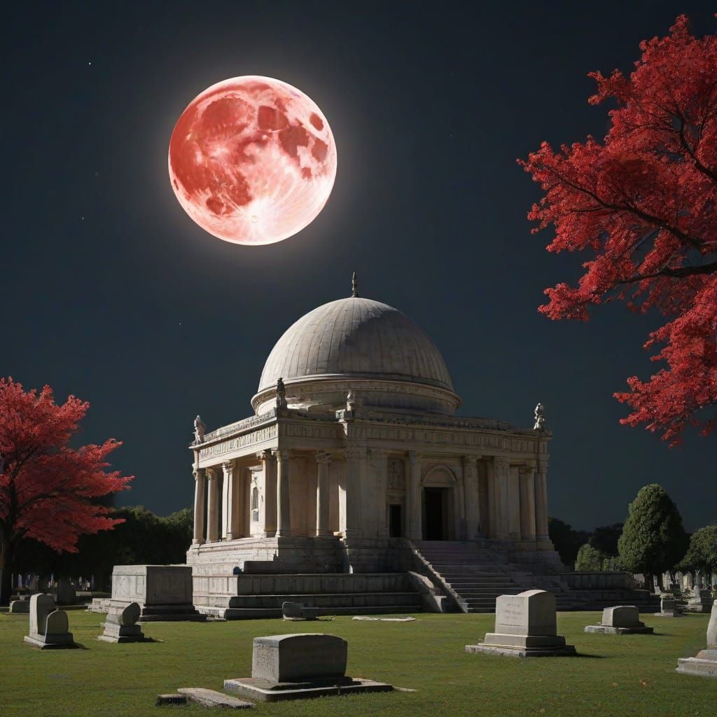 Colossal Mausoleum in Royal Cemetery Under Blood Moon