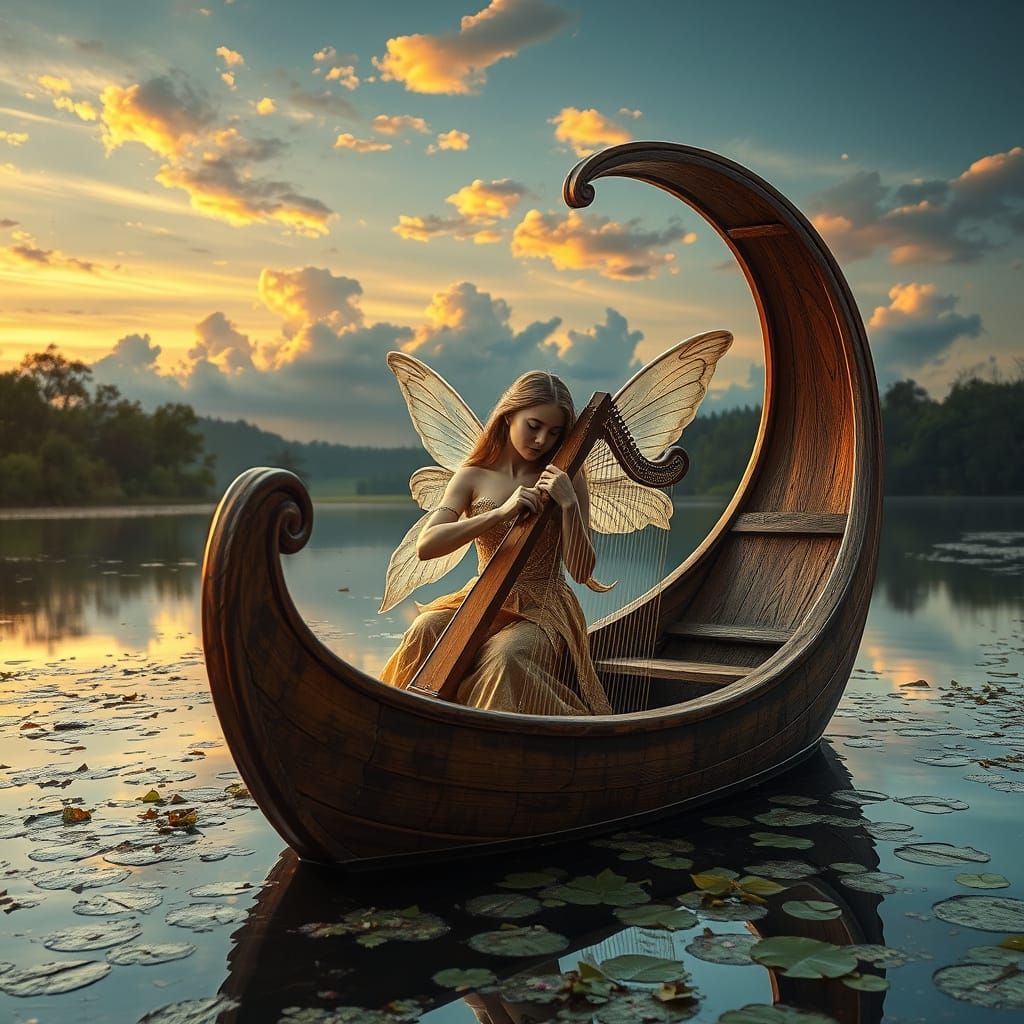 Fairy Plays Harp on Lake at Sunset: Digital Painting