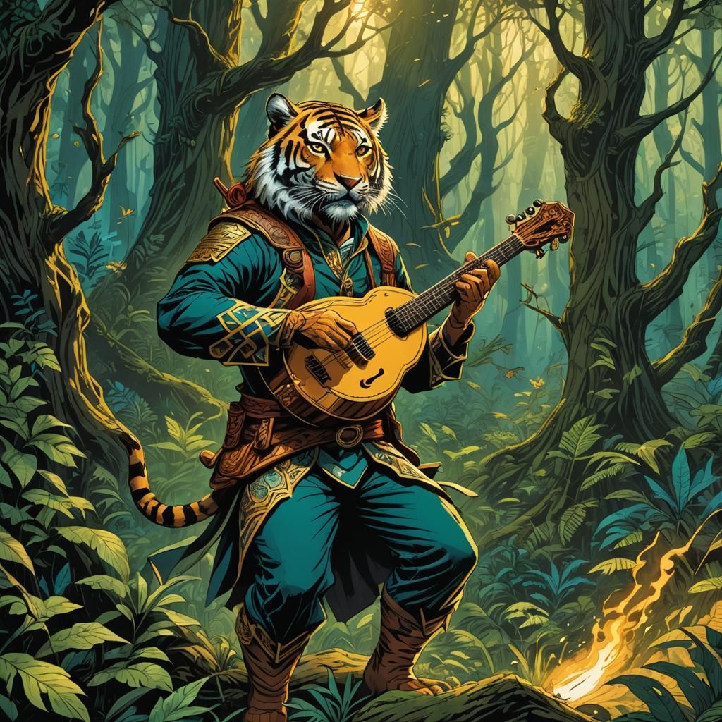 Were-Tiger Bard in Mystical Forest, Comic Book Art
