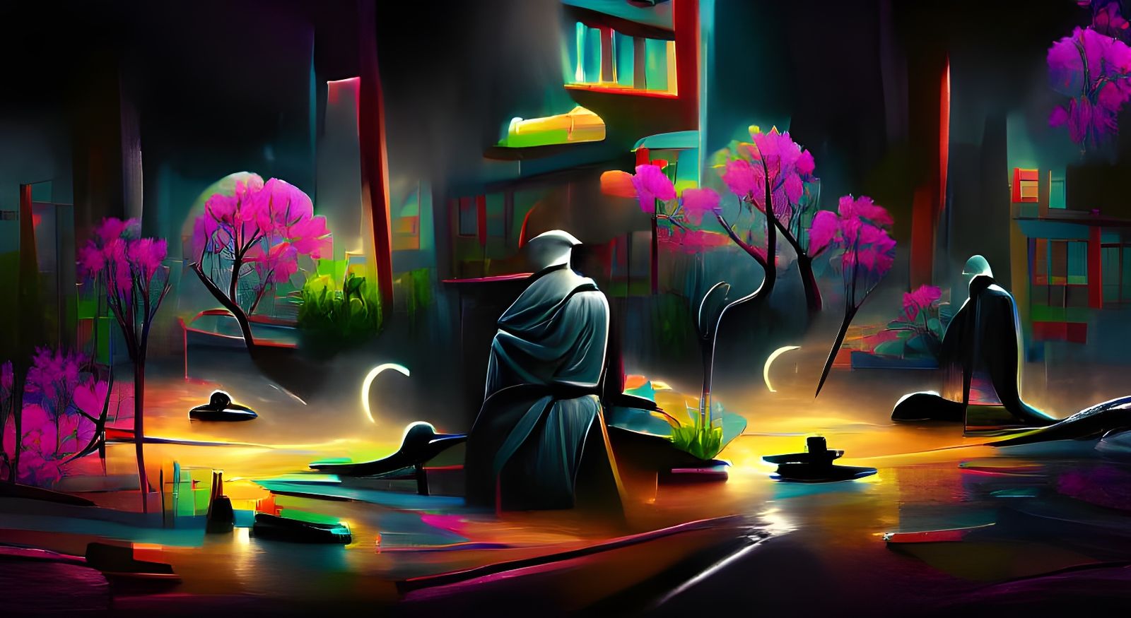 Zen Noir Cityscape: Neon Mystery in Film Noir