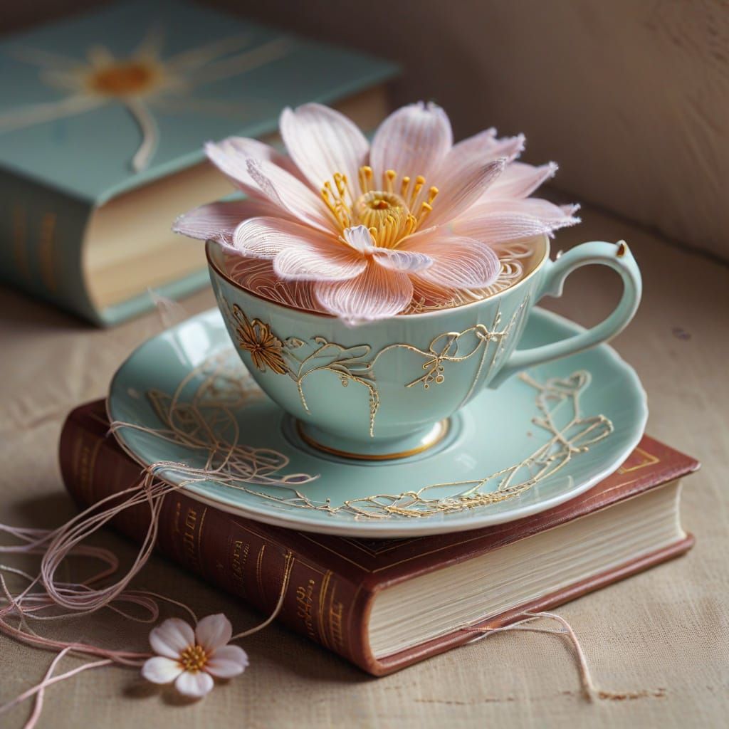Surreal Still Life: Teacup, Book, and Flower in Pastel Threa...