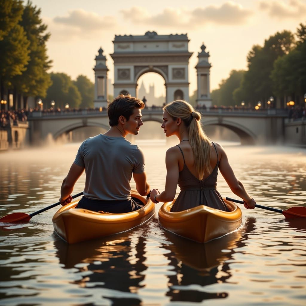 Romantic Kayak Kiss Under Pont Alexandre III at Dawn
