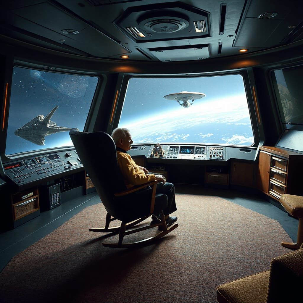 Elderly Captain Kirk on the Bridge of Enterprise