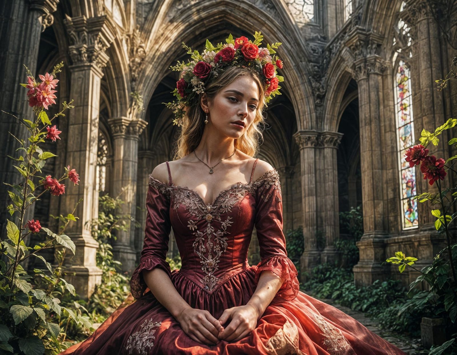 Ethereal Girl in Gothic Garden Under Moonlight