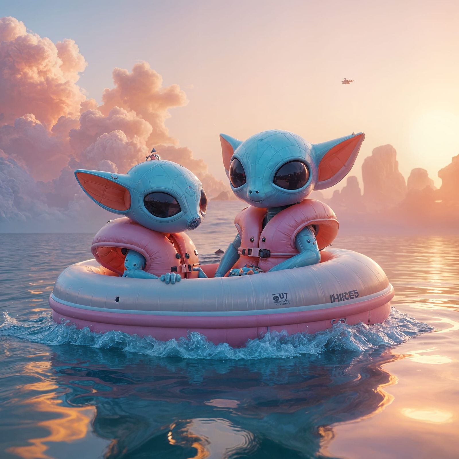 Cute Aliens Enjoying Sunset Cruise in Inflatable Boat