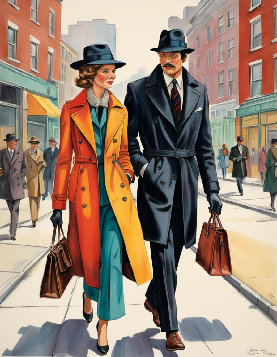 Elegant 1970s Couple in Urban Setting, Colored Pencil
