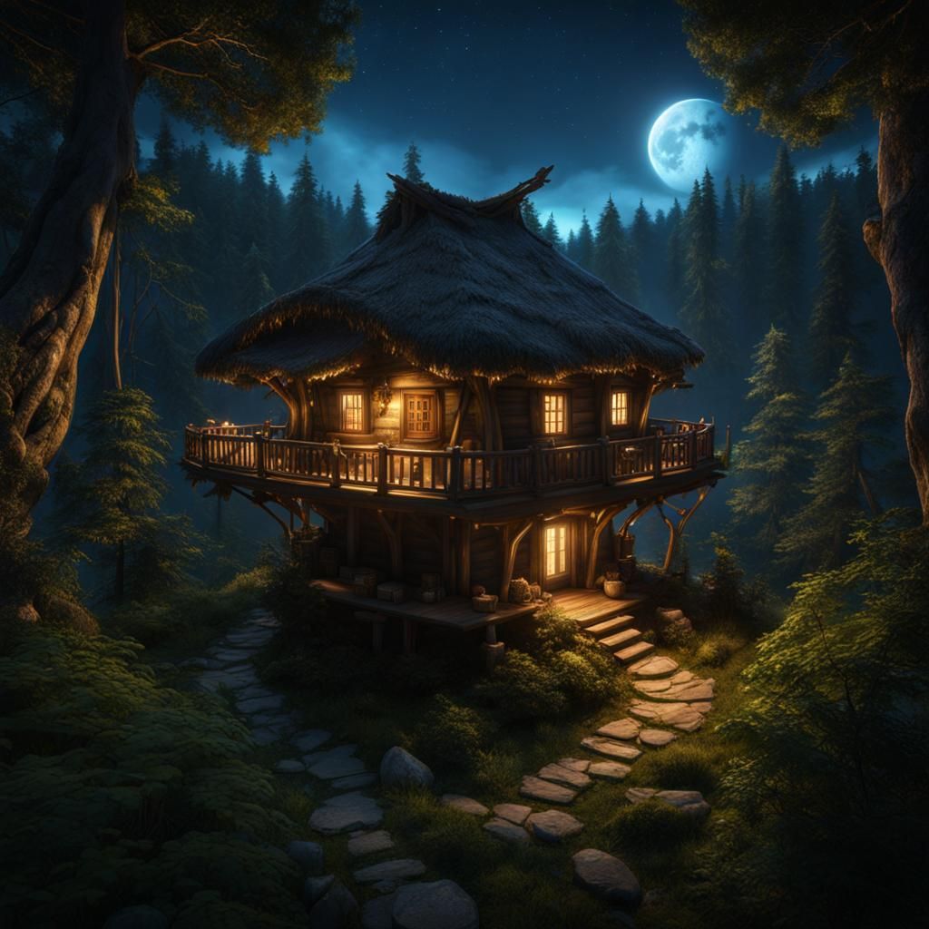 Fantasy Forest Hut with Two Moons: Matte Painting