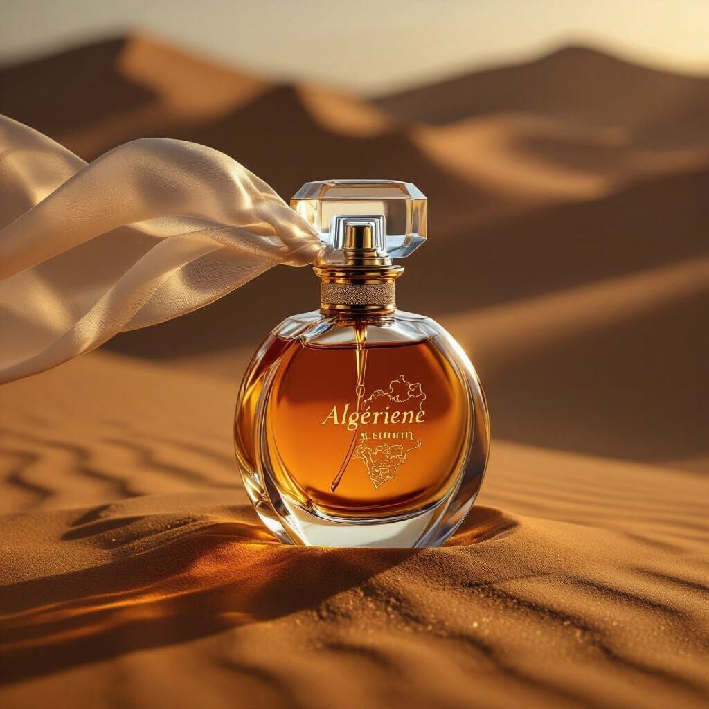 Golden Perfume Bottle in Desert Sand