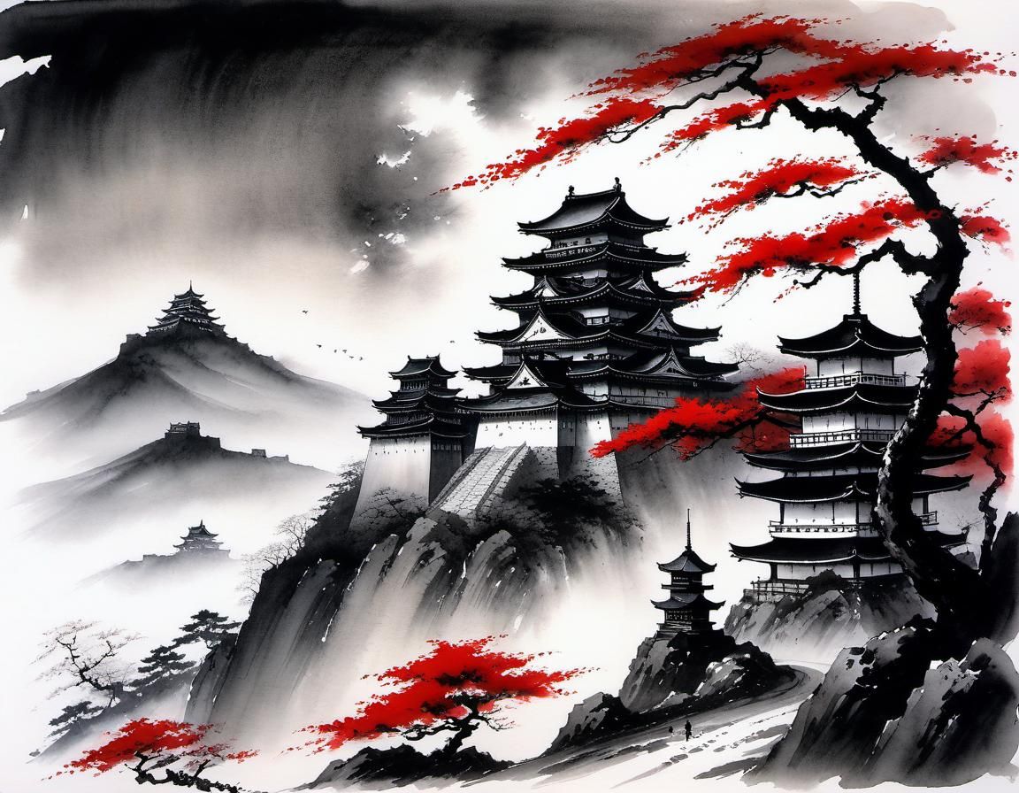 Japanese Castle and Sakura in Sumi-e Style