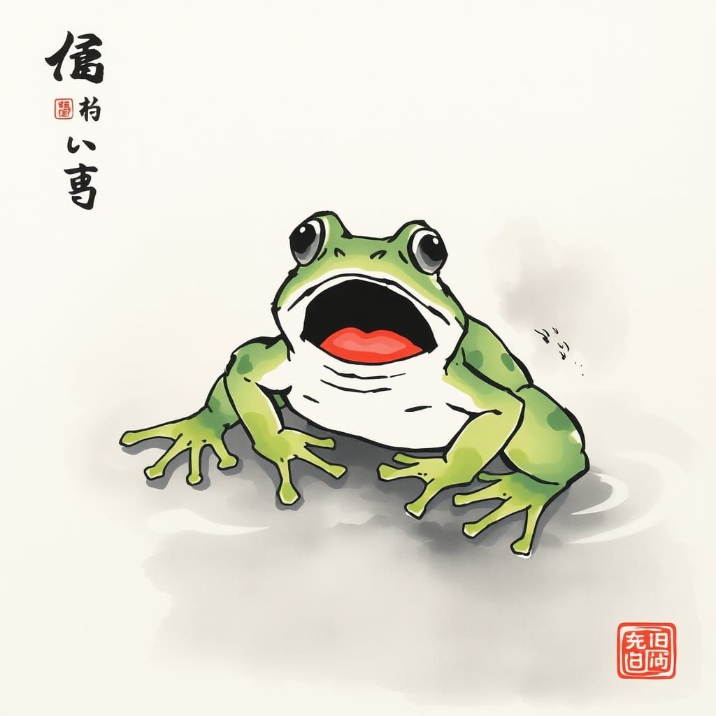 Surprised Frog in Japanese Sumi-e Style