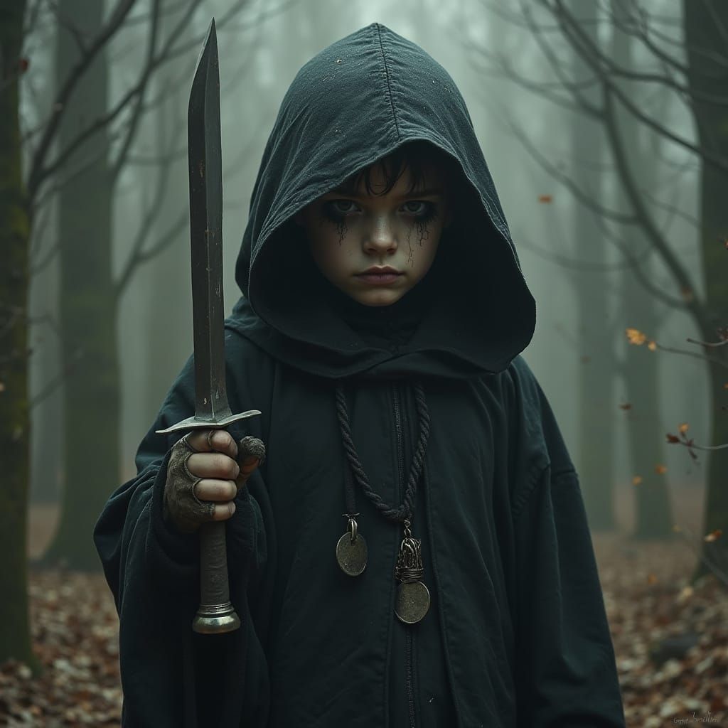 Surreal Dark Fantasy Pilgrim with Vicious Memories as Hair