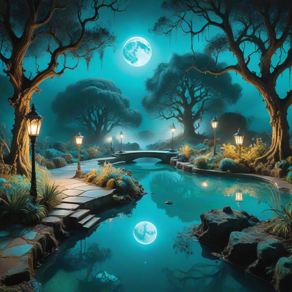 Enchanted Surrealist Garden Scene under Full Moonlight