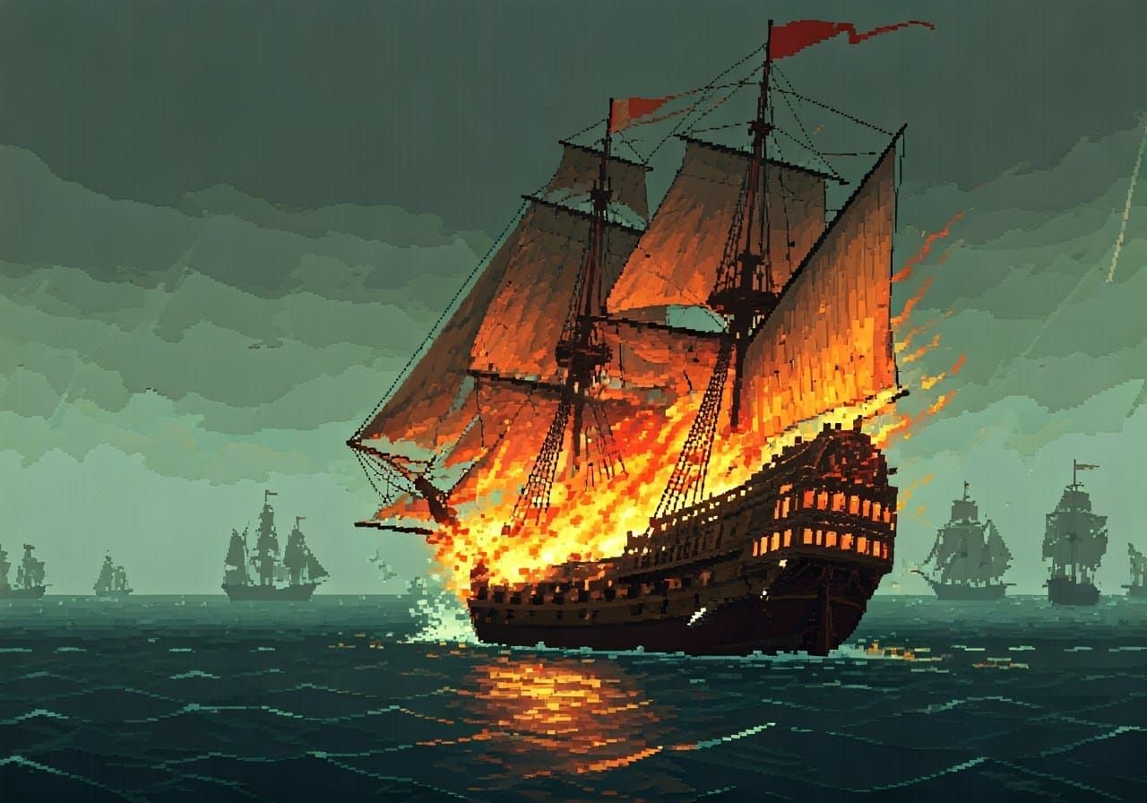 Pixel-Art: Fiery Galleon Sea Battle in the 1600s