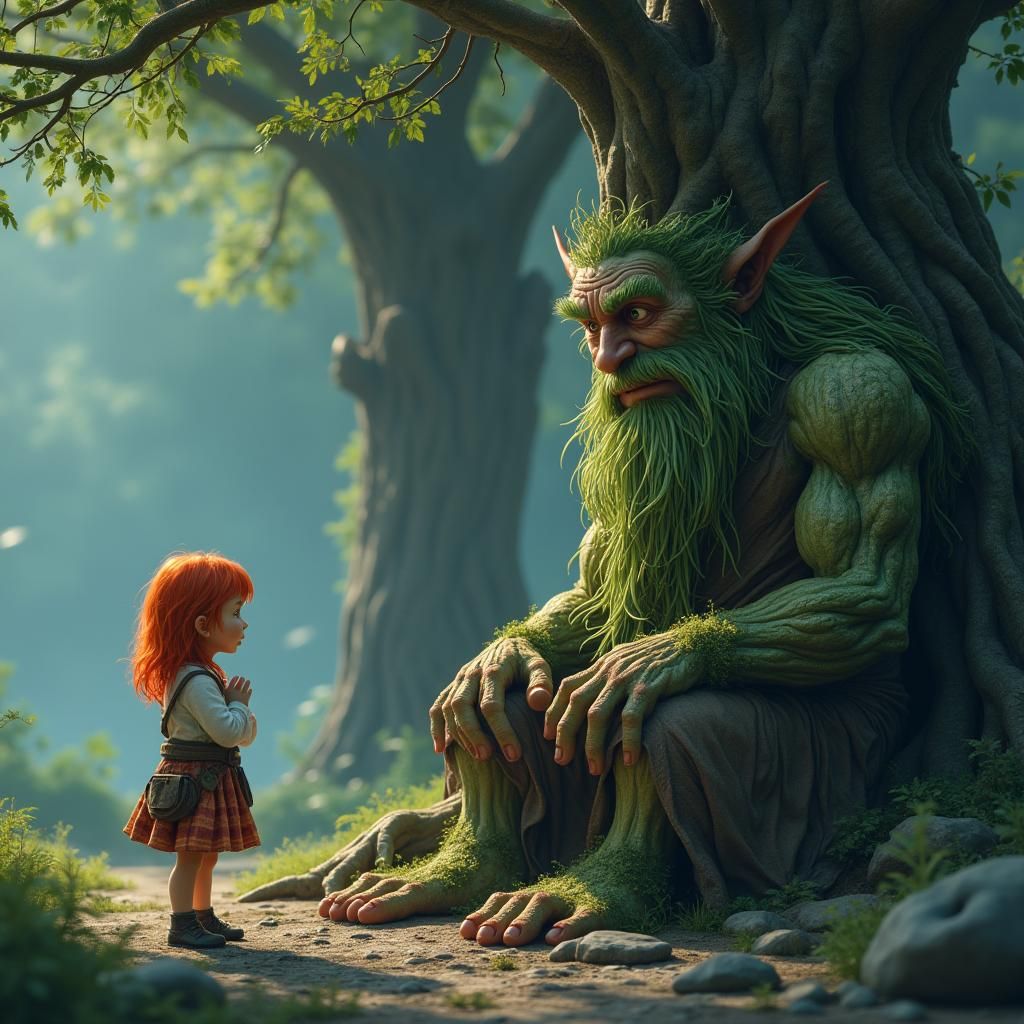 Miniature Girl and Tree Man in Dreamlike Forest