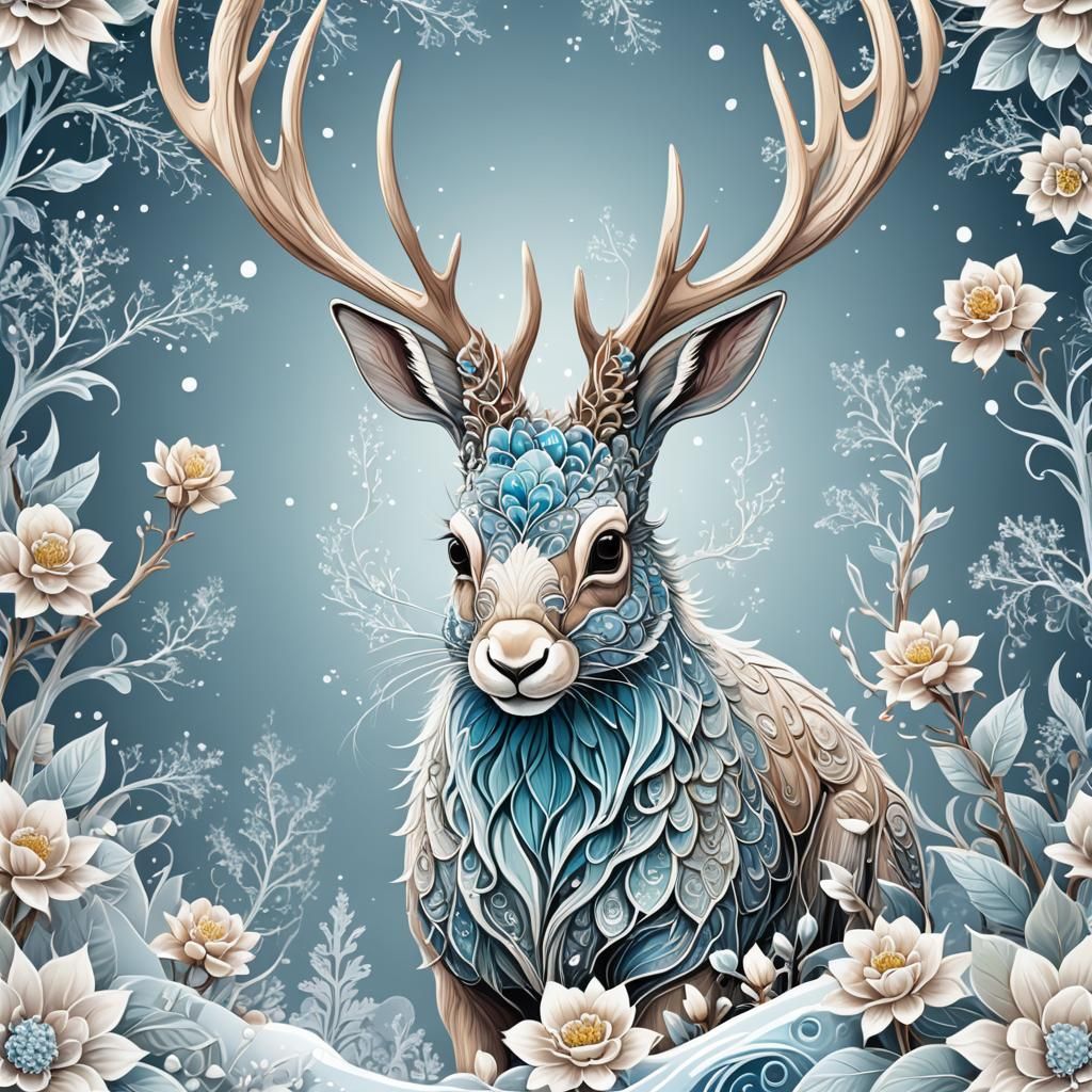 Icy Jackalope with Floral Horns in Fractal Style