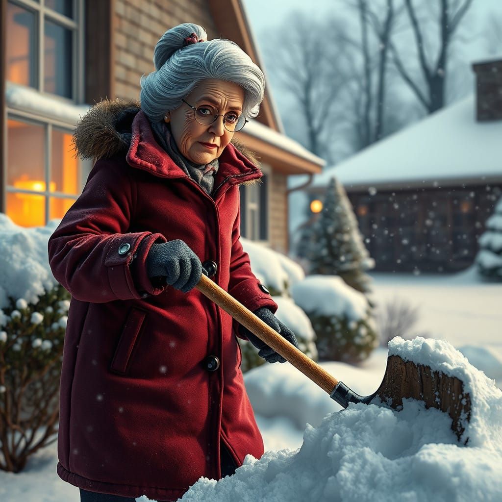 Barbie Clears Snow with Determination in a Burgundy Coat