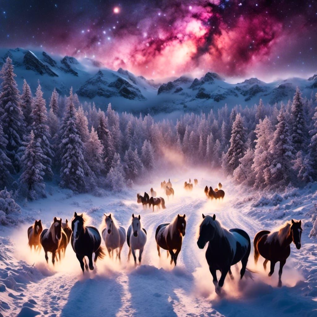 Horses Running in Snowy Starlight Night
