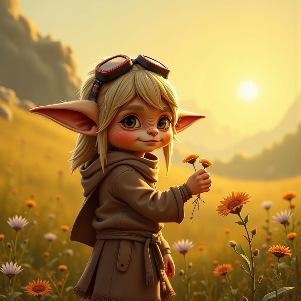 Child Gathering Wildflowers in Golden Hour Lighting