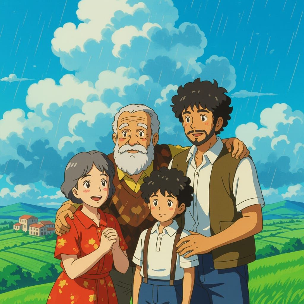 Italian Family on Hilltop in Anime Style