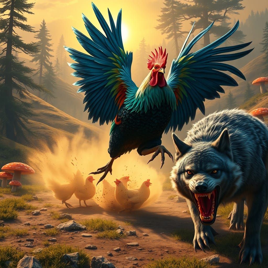 Fantasy Battle Scene: Rooster Defends Hens Against Hungry Wo...