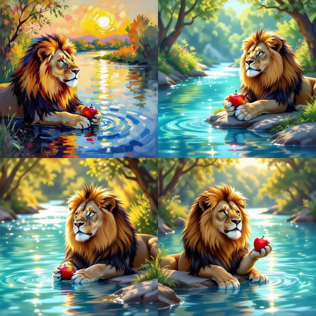 Leo the Lion by Sparkling River with Red Fruit