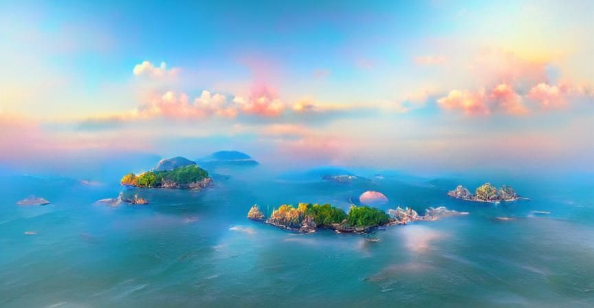 Aerial Peach Blossom Islands in Morning Sunlight