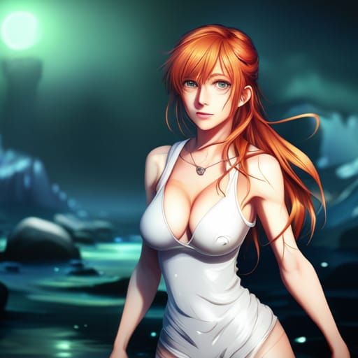 Anime Ginger Girl in Wet Shirt: Detailed Matte Painting
